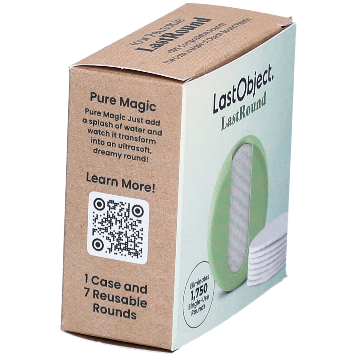 Boîte avec étui vert et tampons. Texte: LastObject, LastRound. 1 étui et 7 tampons réutilisables.