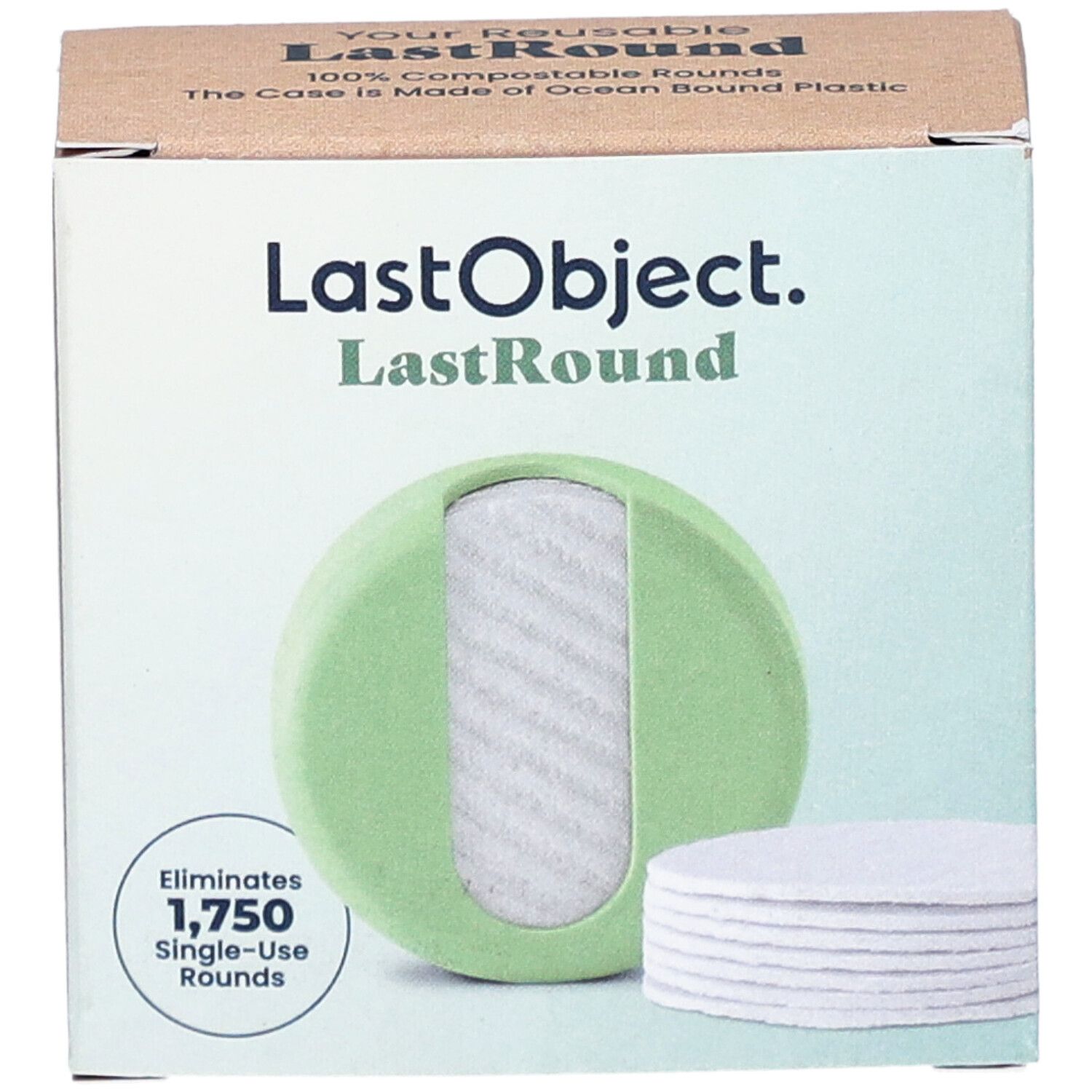 Boîte avec étui vert et tampons. Texte: LastObject, LastRound. Élimine 1 750 tampons à usage unique.