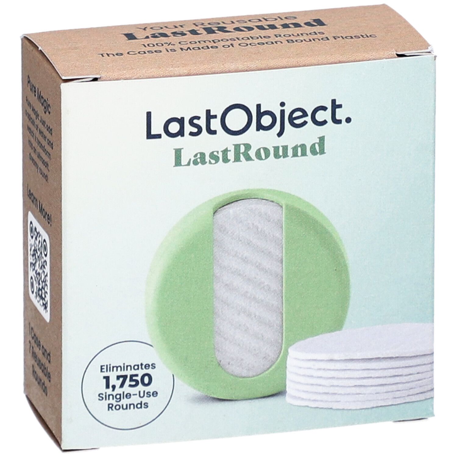 Boîte avec étui vert et tampons. Texte: LastObject, LastRound. Élimine 1 750 tampons à usage unique.