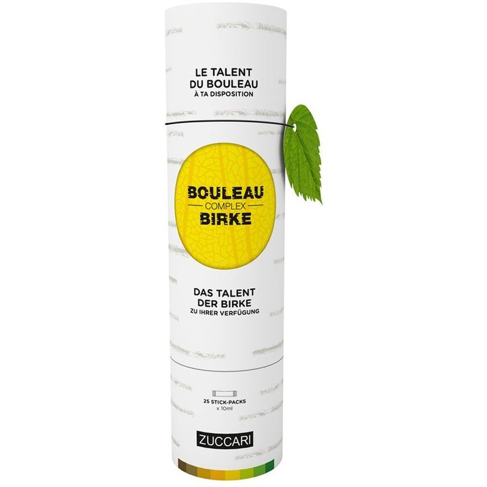 Emballage cylindrique avec nom du produit et feuille de bouleau. Texte: Le talent du bouleau à ta disposition, Bouleau Complex Birke, ZUCCARI.