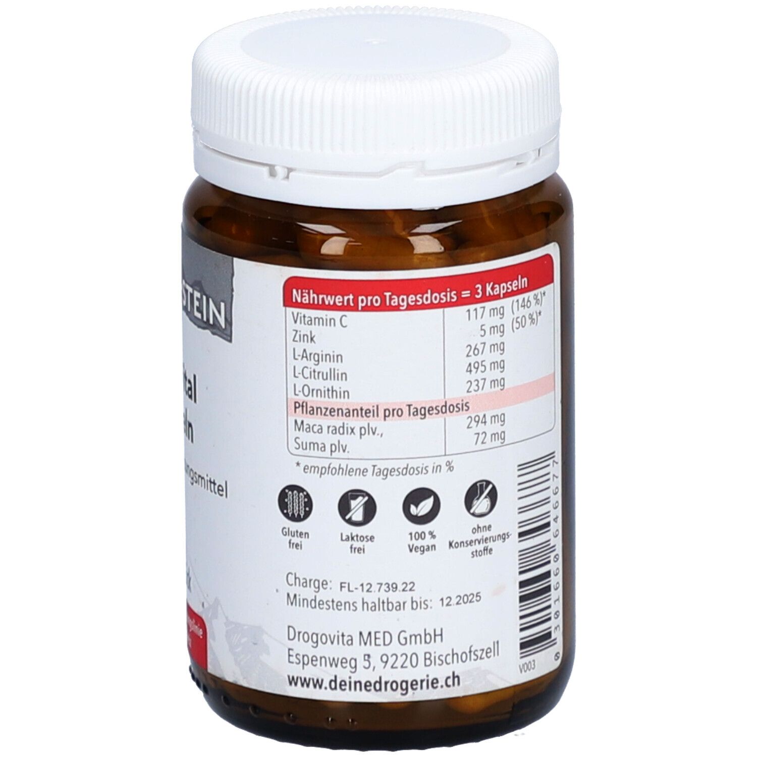 Flacon brun avec bouchon blanc. Dos avec texte. Valeur nutritive pour 3 gélules. Sans gluten, sans lactose.