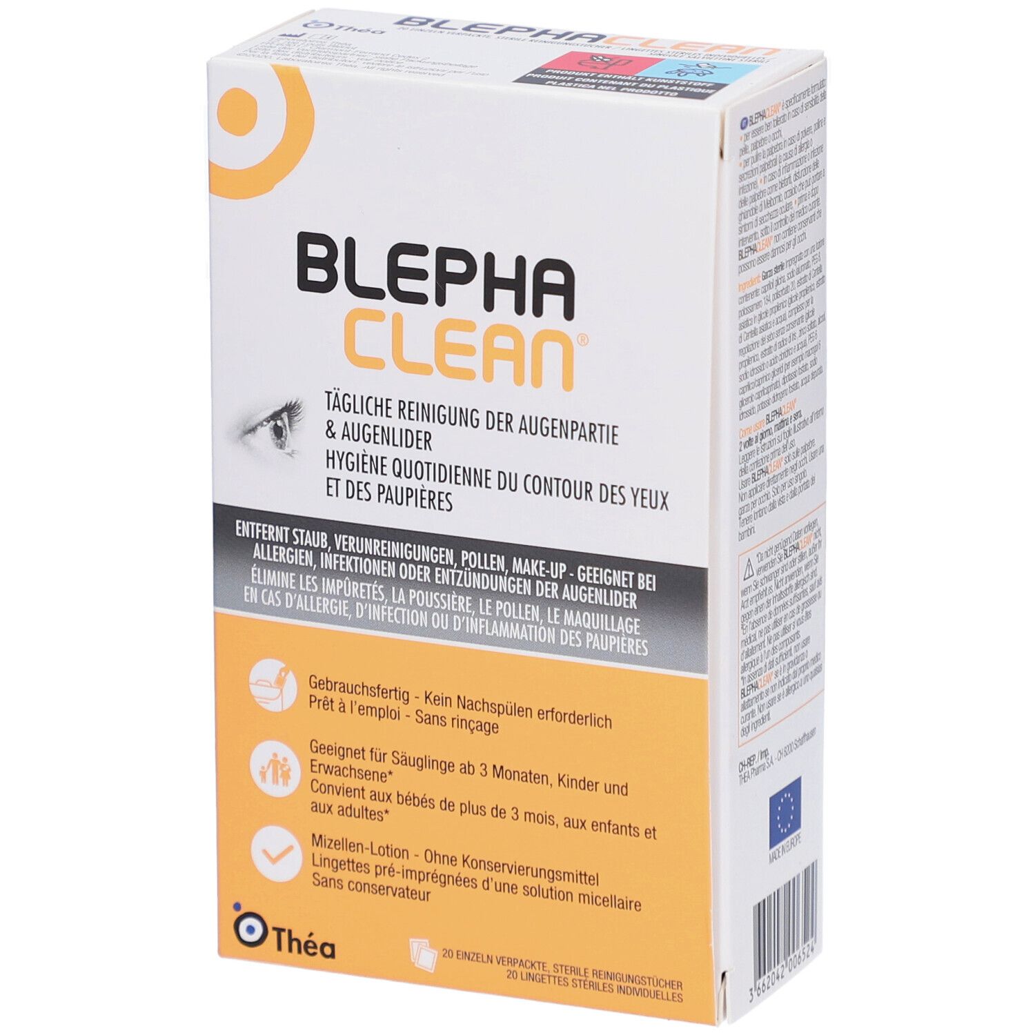 Boîte BLEPHACLEAN. Nettoyage quotidien du contour des yeux et des paupières. Contient 20 lingettes stériles.