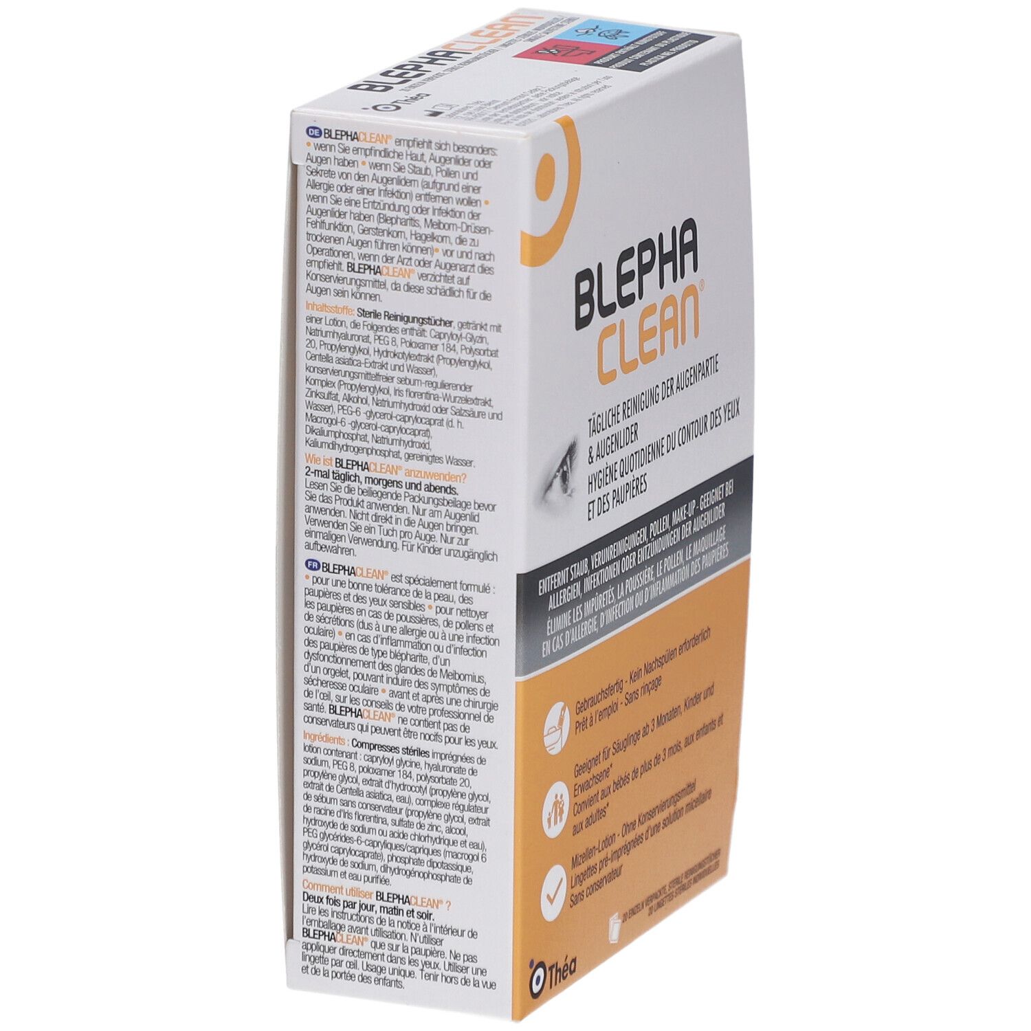 Vue latérale de la boîte BLEPHACLEAN. Texte en allemand. Informations sur l'utilisation et les ingrédients. Marquage UE.