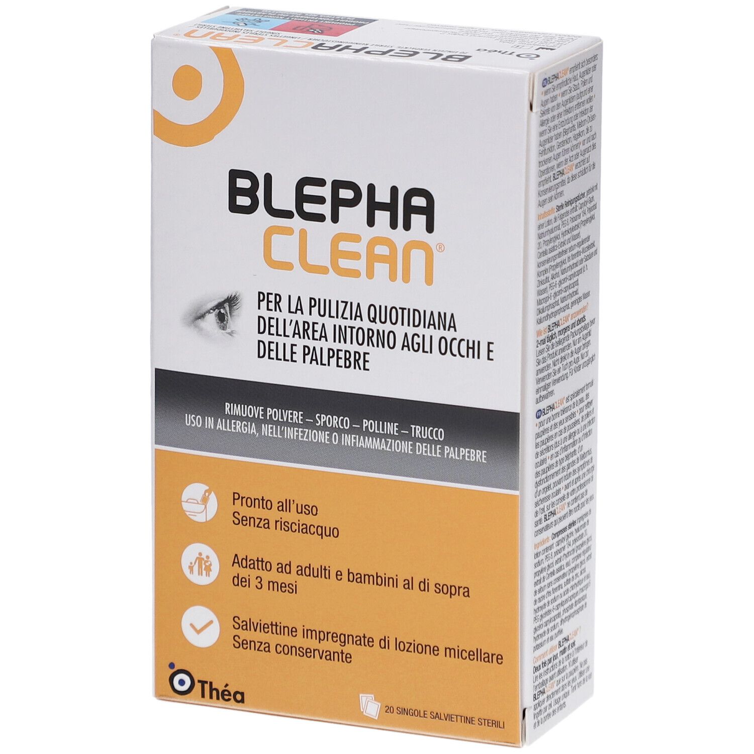 Boîte BLEPHACLEAN, face avant. Texte en italien. Pour le nettoyage quotidien des yeux. Contient 20 lingettes stériles.