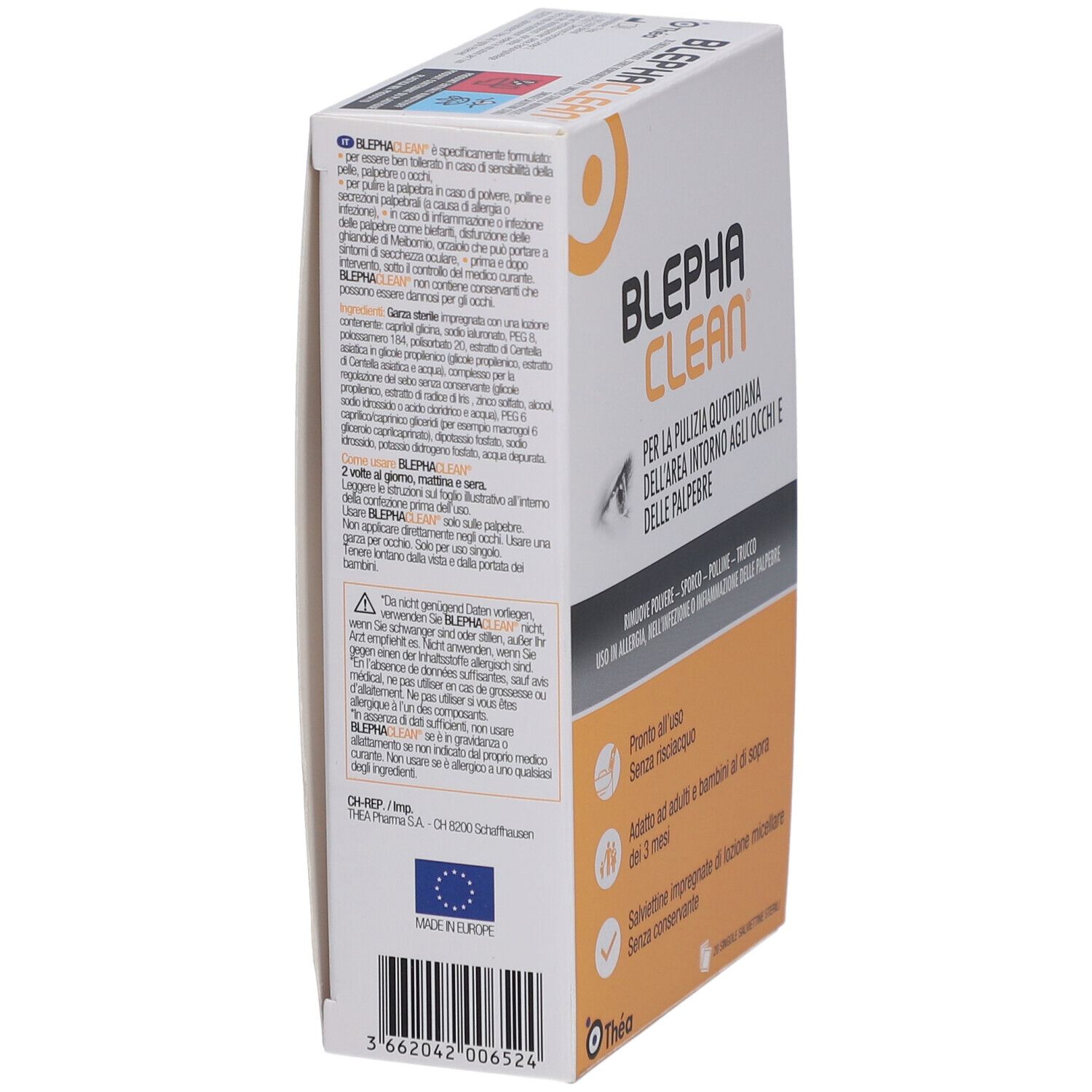 Boîte BLEPHACLEAN, vue latérale. Texte en italien. Informations sur l'utilisation et les ingrédients. Marquage UE.