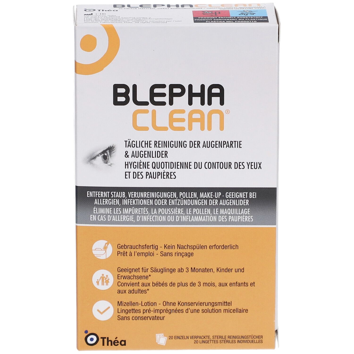 Boîte BLEPHACLEAN. Nettoyage quotidien des yeux et des paupières. Contient 20 lingettes stériles. Logo Théa.