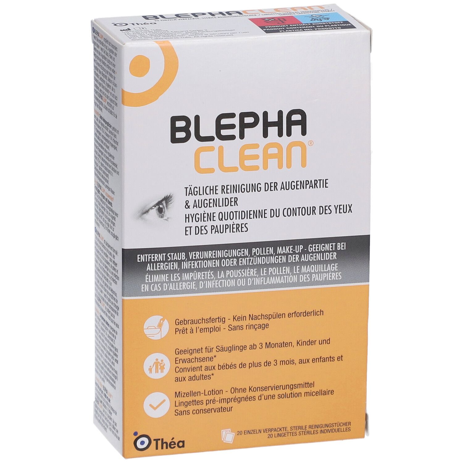 Boîte BLEPHACLEAN. Nettoyage quotidien des yeux et des paupières. Contient 20 lingettes stériles. Logo Théa.