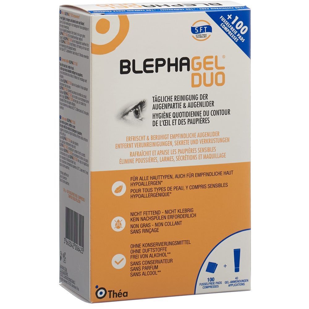 Boîte de BLEPHAGEL® DUO. Contient 100 compresses et gel. Textes en allemand et français. Couleurs orange et blanc.