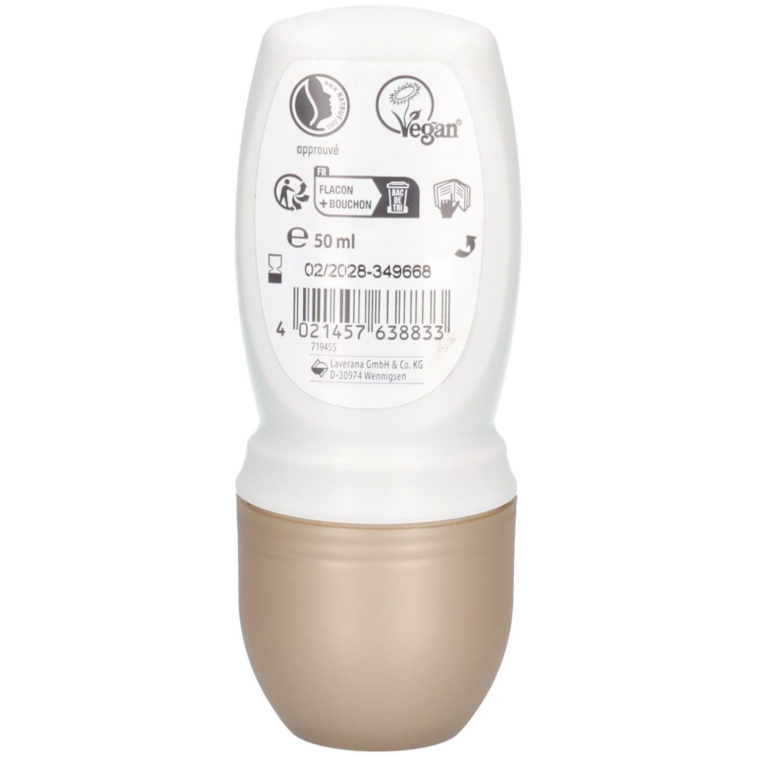 Arrière du Lavera Deo Roll-on Natural & Mild. Comprend les labels Vegan et Bio. EAN et numéro de lot visibles.