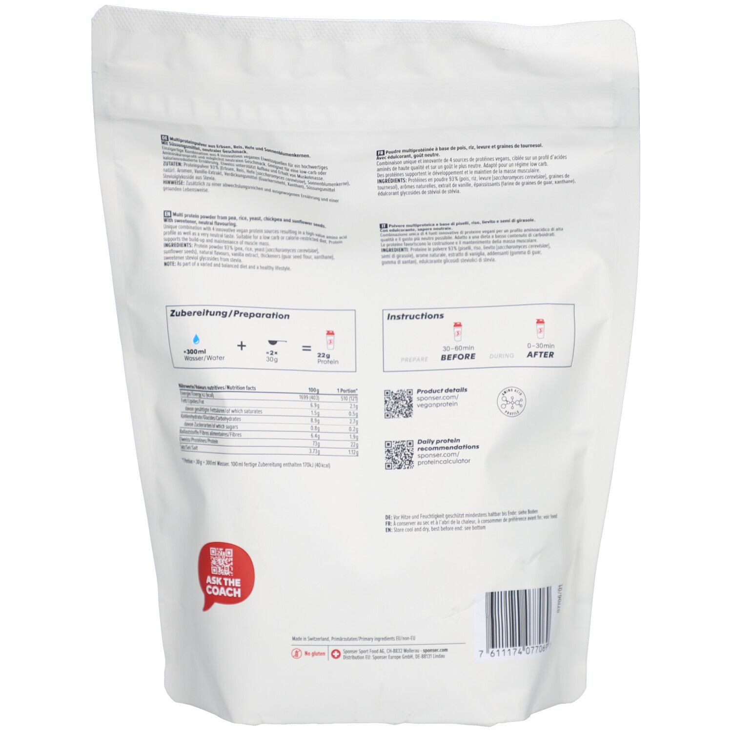 Dos du paquet SPONSER Vegan Protein. Texte multilingue, informations nutritionnelles, liste des ingrédients. Logo SPONSER et code QR.