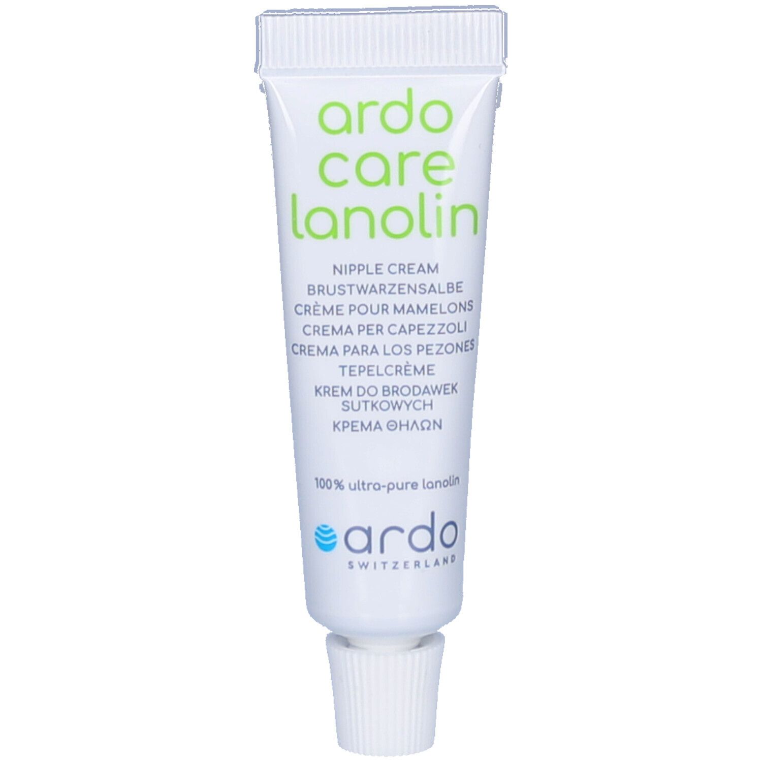 Tube blanche avec impression verte. Contient une crème pour mamelons. Marque : Ardo Care Lanolin. Avec bouchon à vis.