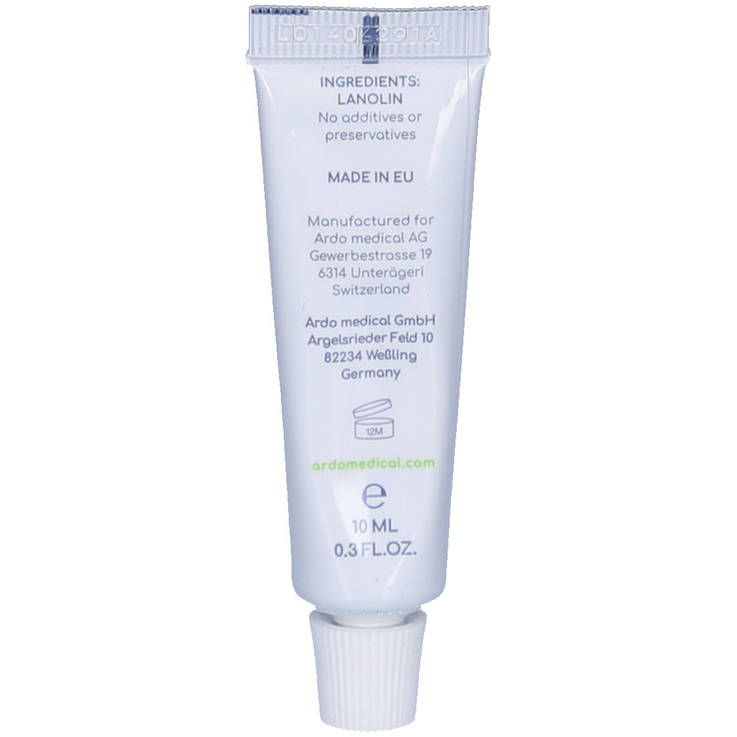 Dos du tube. Contient des informations sur les ingrédients, le fabricant et l'origine. 10 ml.