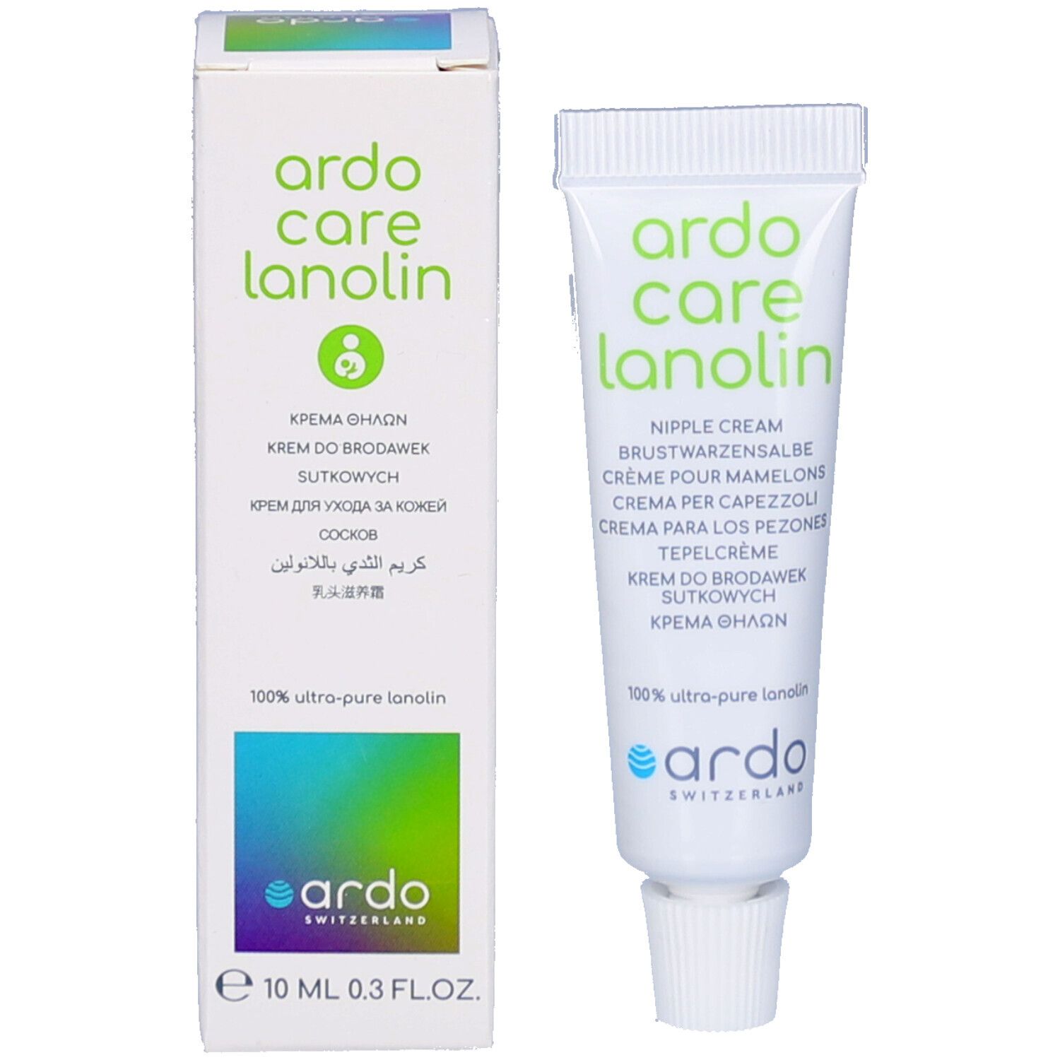Emballage et tube du produit. Emballage : blanc avec impression verte. Tube : blanc avec impression verte. Marque : Ardo Care Lanolin.