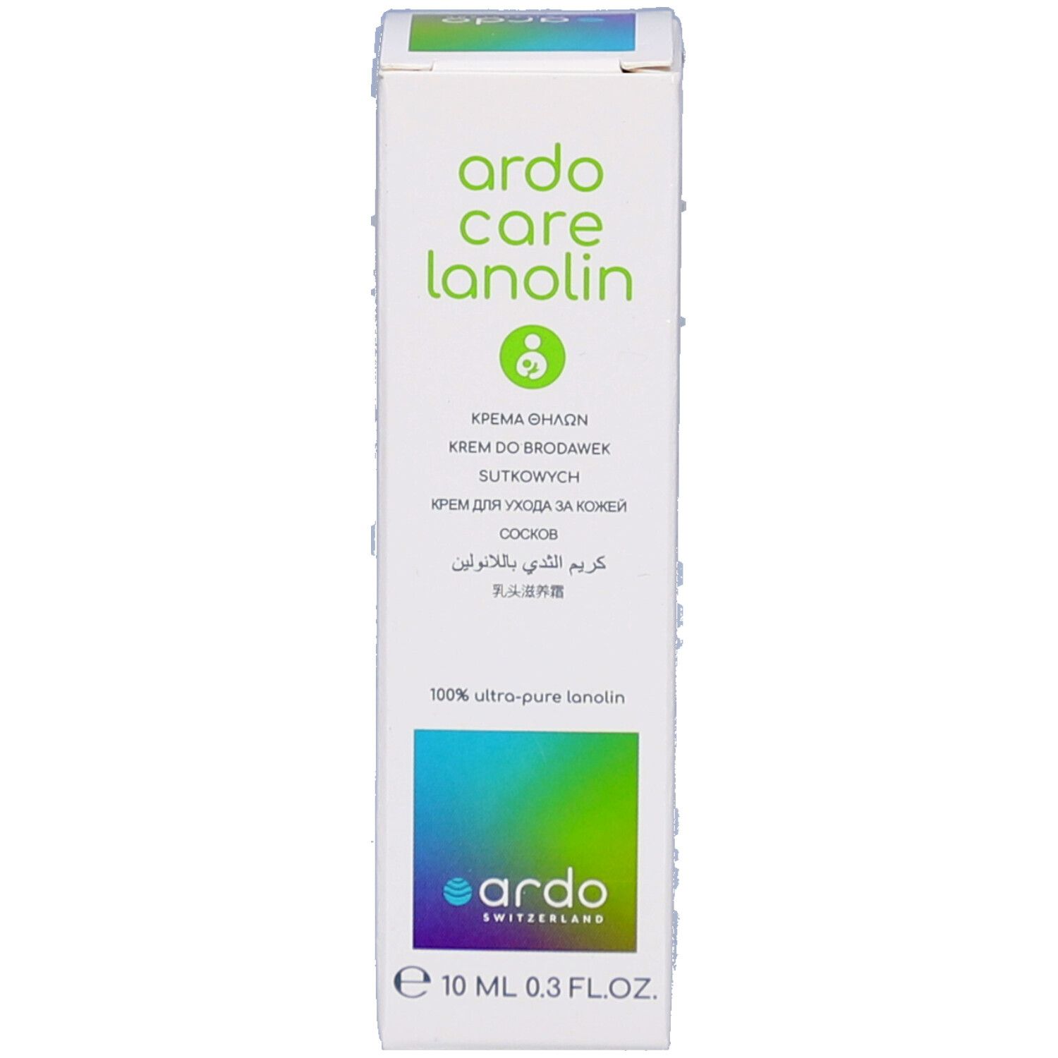 Emballage du produit. Blanc avec impression verte. Marque : Ardo Care Lanolin. Contient des informations sur l'utilisation et les ingrédients.