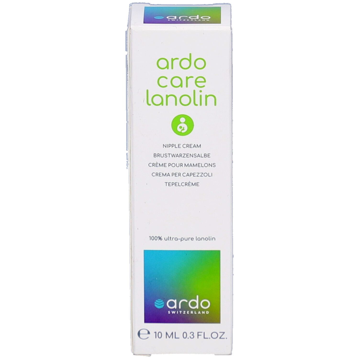 Emballage du produit. Blanc avec impression verte. Marque : Ardo Care Lanolin. Contient des informations sur l'utilisation et les ingrédients.