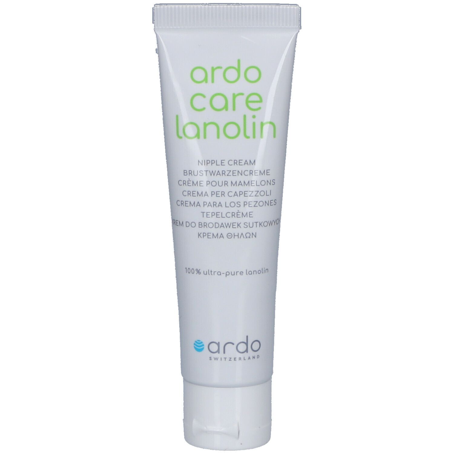 Tube blanc avec texte vert. Crème pour mamelons. Marque: Ardo Care Lanolin. Texte en plusieurs langues.
