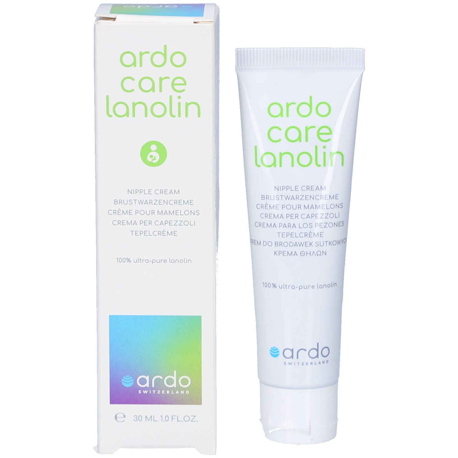 Produit et emballage. Tube et boîte blancs avec texte vert. Marque: Ardo Care Lanolin. Texte multilingue.
