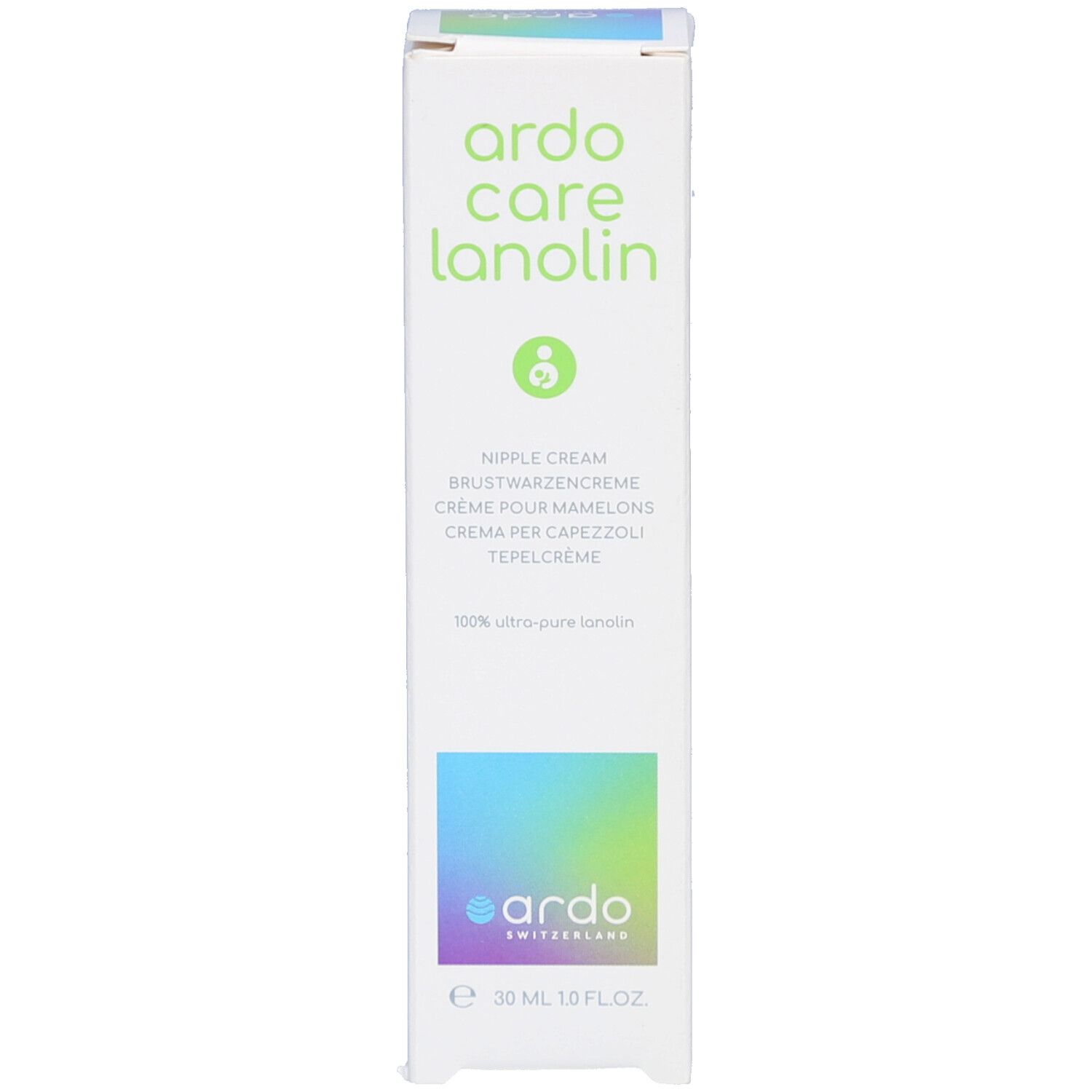 Boîte blanche avec texte vert. Crème pour mamelons. Marque: Ardo Care Lanolin. Texte en plusieurs langues.