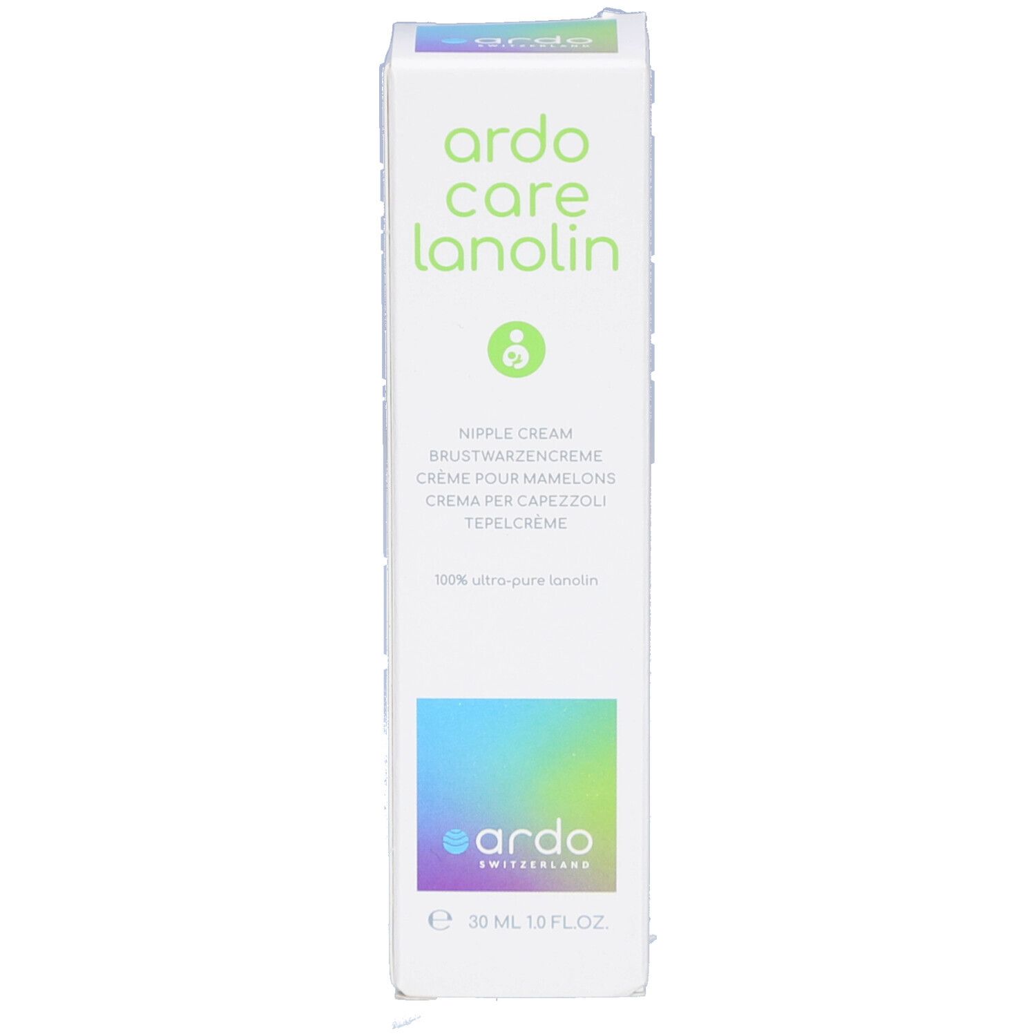 Boîte blanche avec texte vert. Marque: Ardo Care Lanolin. Texte multilingue. Zone colorée.