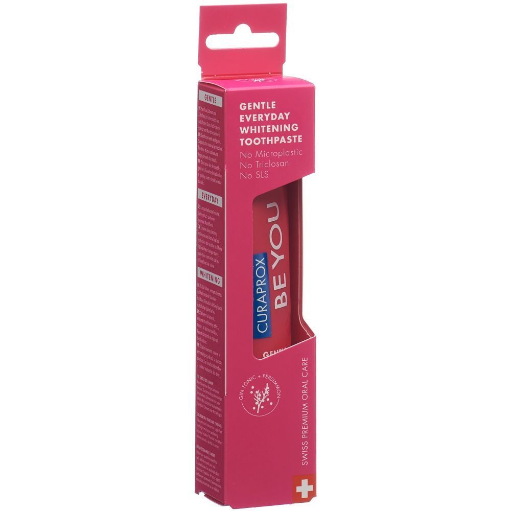 Dentifrice dans un emballage rose. CURAPROX BE YOU, blanchiment doux. Sans microplastiques, triclosan, SLS. Soin buccal suisse.