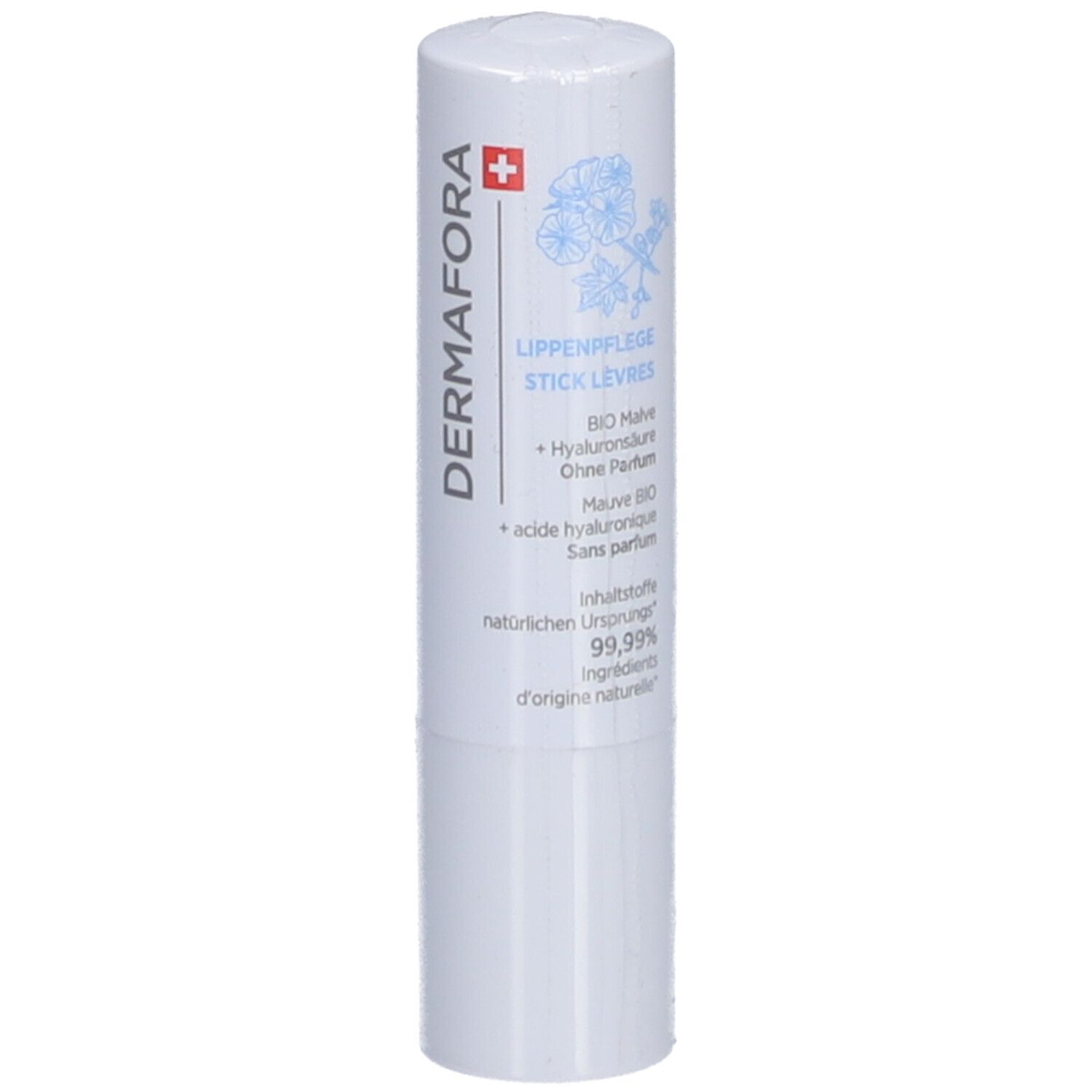 Stick à lèvres blanc avec logo "DERMAFORA", croix suisse et motif floral. Texte : "Lippenpflege Stick Lèvres".