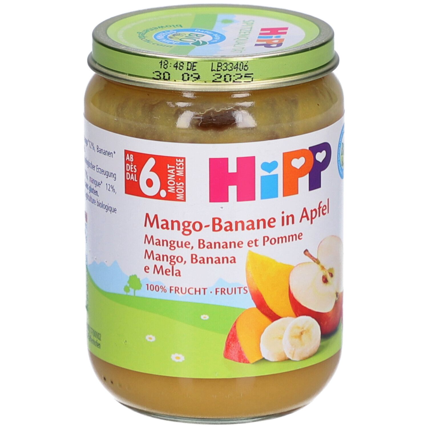 Pot de bébé Hipp Mangue, Banane et Pomme. Dès 6 mois.