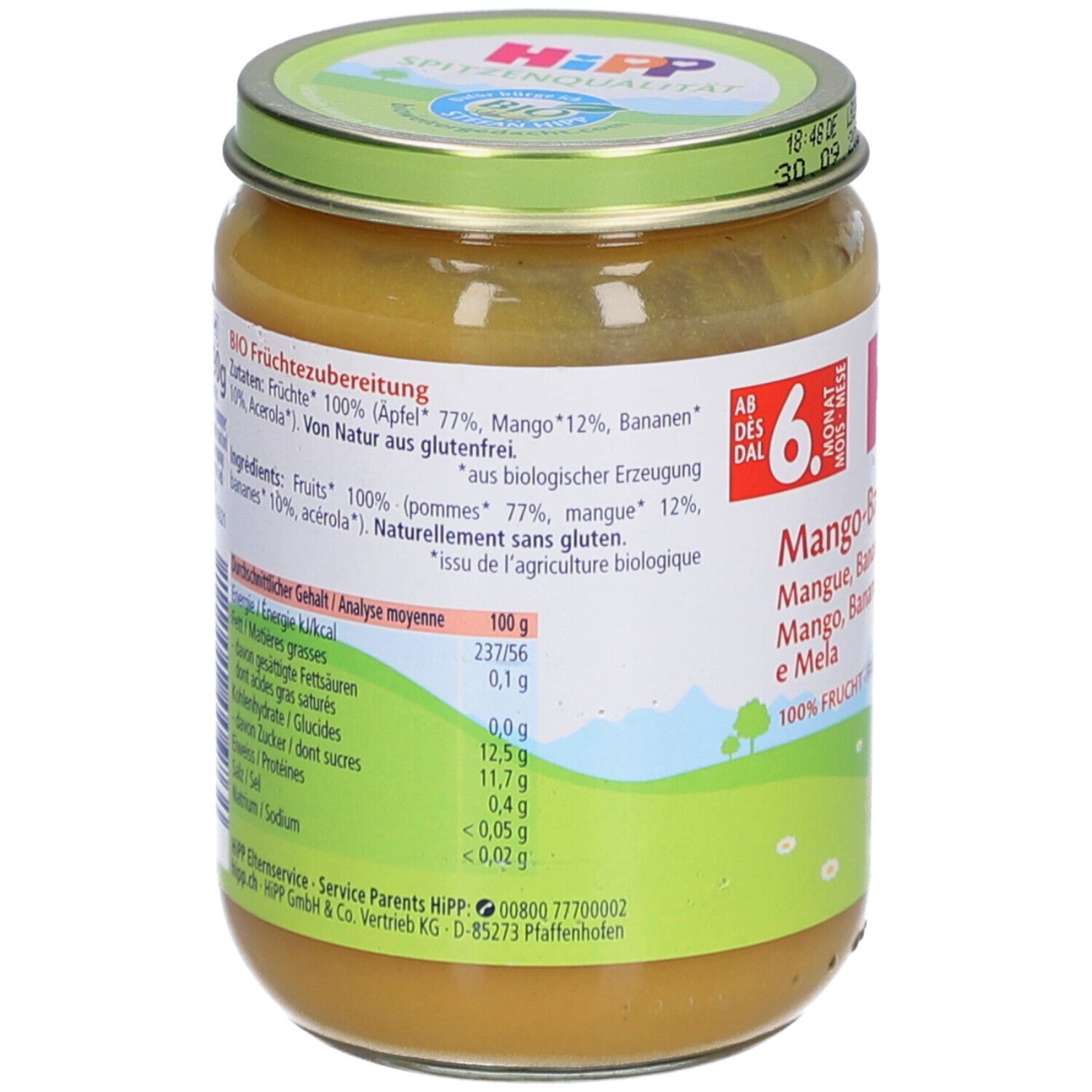 Préparation de fruits Hipp Mangue, Banane, Pomme, pot de 100g.