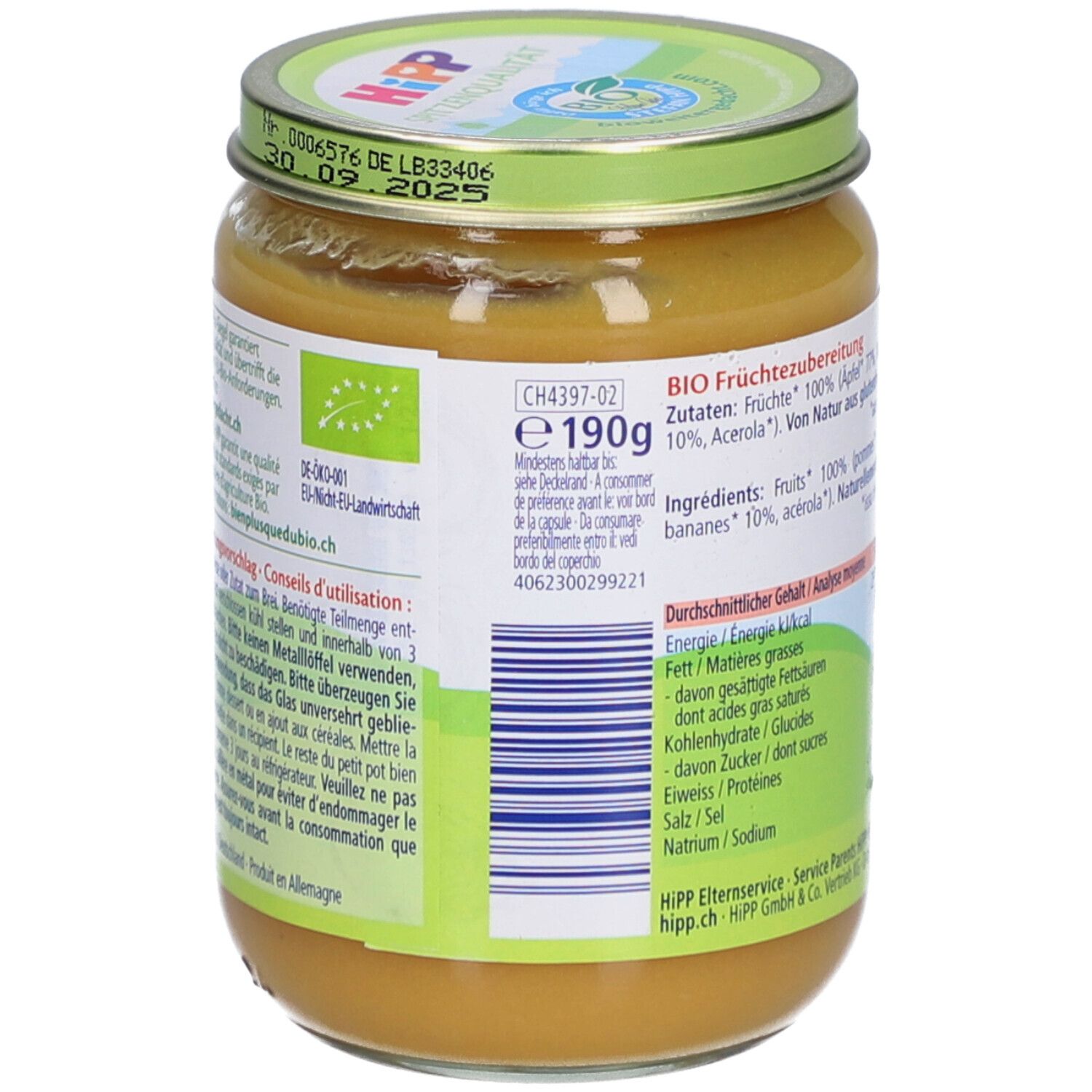 Préparation de fruits bio en pot, 190g. Ingrédients: fruits, bananes, acérola.