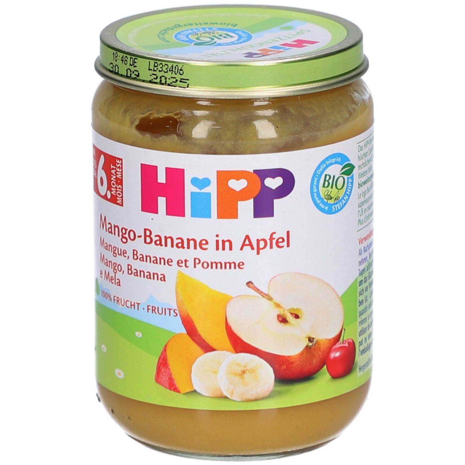 Petit pot HiPP Mangue-Banane-Pomme. Avec label Bio.