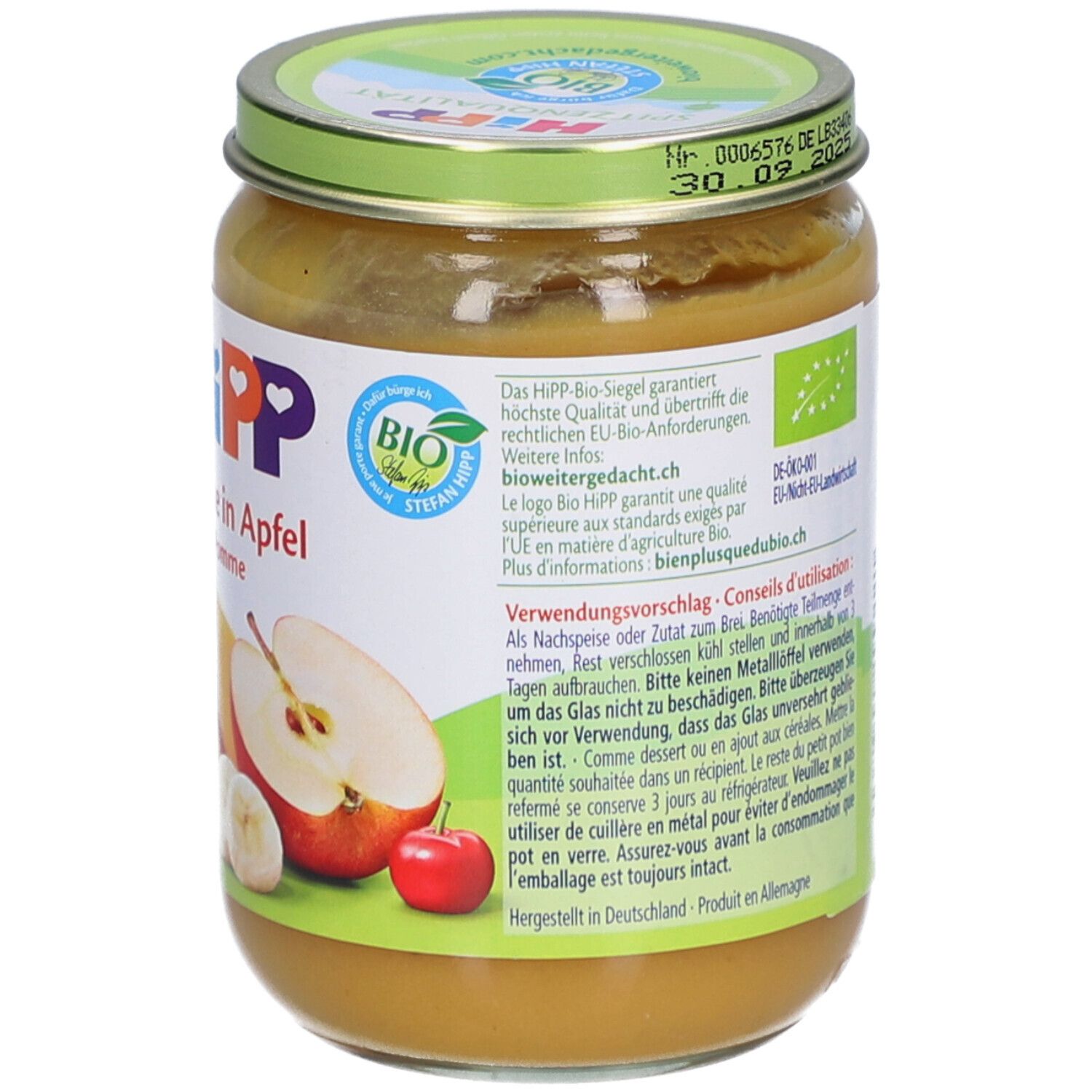 Compote de pommes HIPP en pot, avec label Bio et illustration de pommes.