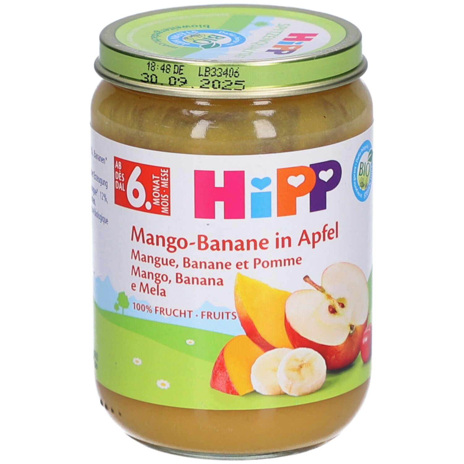 Petit pot HiPP Mangue-Banane-Pomme. Dès 6 mois. 100% fruits.