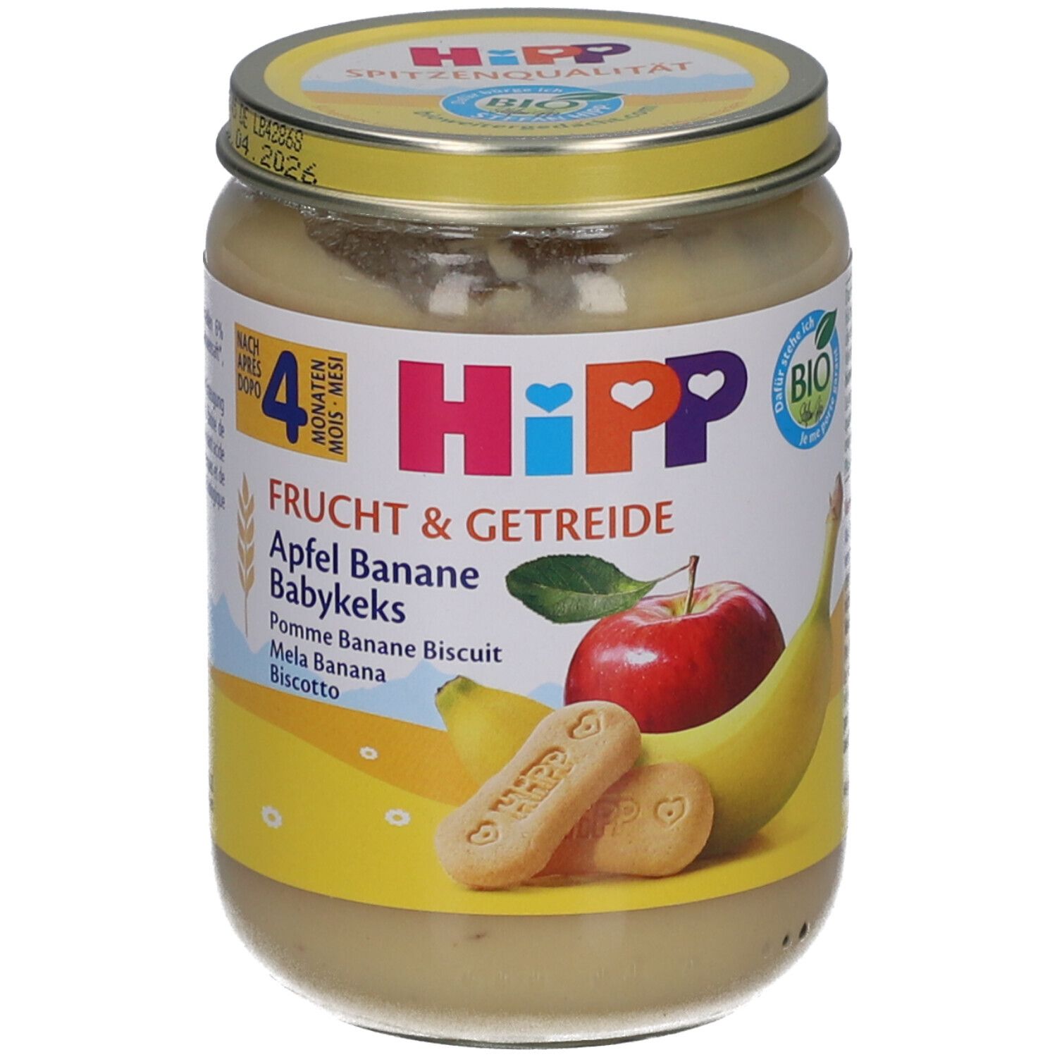 Hipp Fruit & Céréales Pomme Banane Biscuit pour bébé en pot. Contient des biscuits, une pomme et une banane.