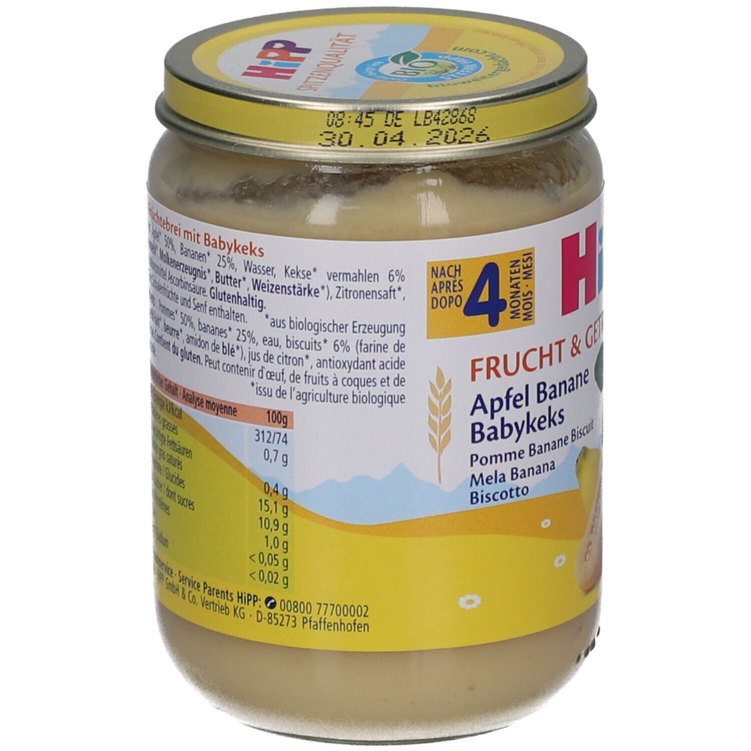 HIPP Fruit & Céréales Pomme Banane Biscuit pour bébé en pot en verre. Dès 4 mois.