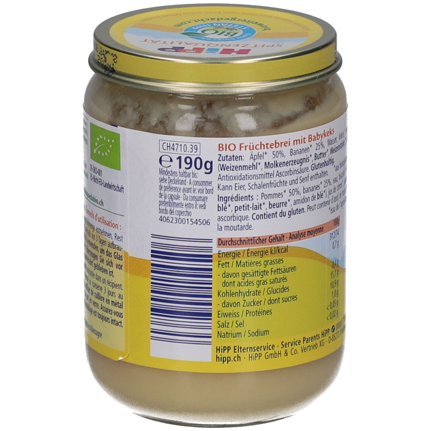 Purée de fruits bio avec biscuits pour bébé, pot de 190g.