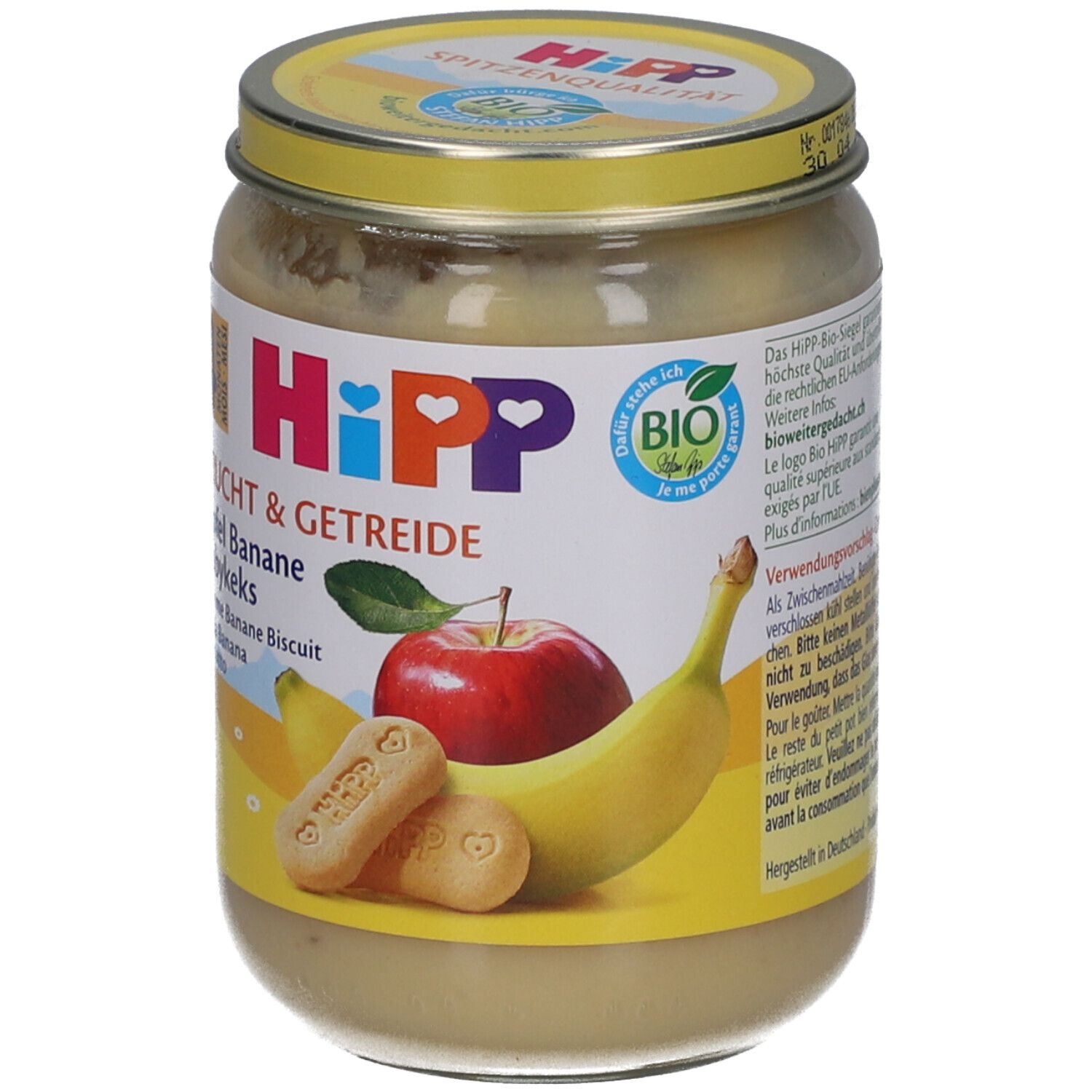 Hipp Fruit & Céréales Banane: Pot de nourriture pour bébé, bananes, pomme et biscuits.