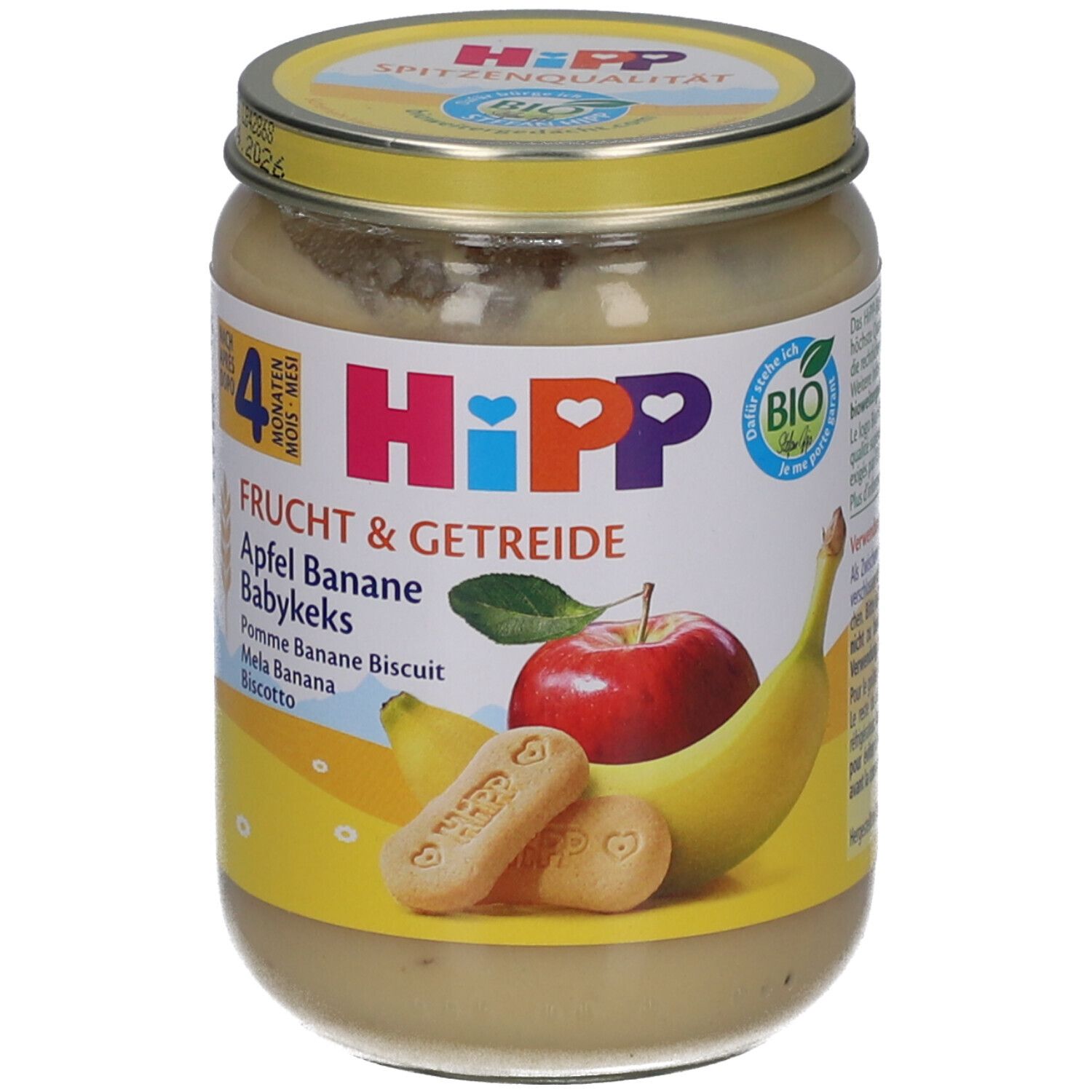 Hipp Fruit & Céréales Pomme Banane Biscuit pour bébé en pot. Contient des biscuits, une pomme et une banane.