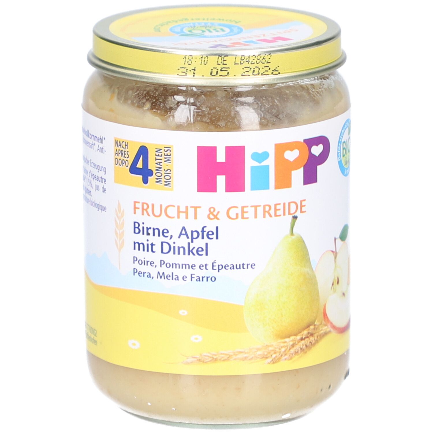 Pot de purée HiPP Bio Poire Pomme avec Épeautre. Étiquette avec poire, pomme et céréales. Label bio.