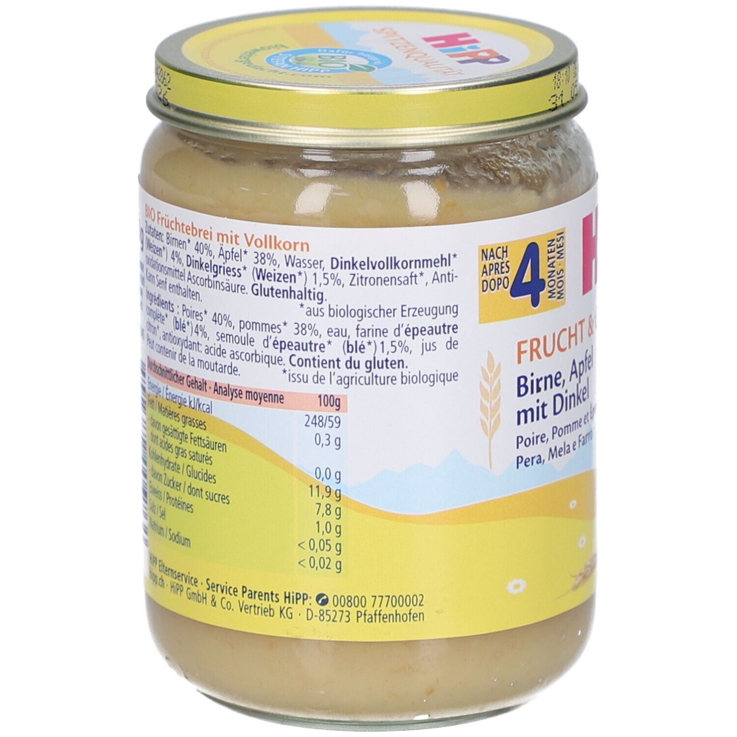 Pot de purée HiPP Bio Poire Pomme avec Épeautre. Liste des ingrédients et valeurs nutritionnelles. Label bio. Date limite.