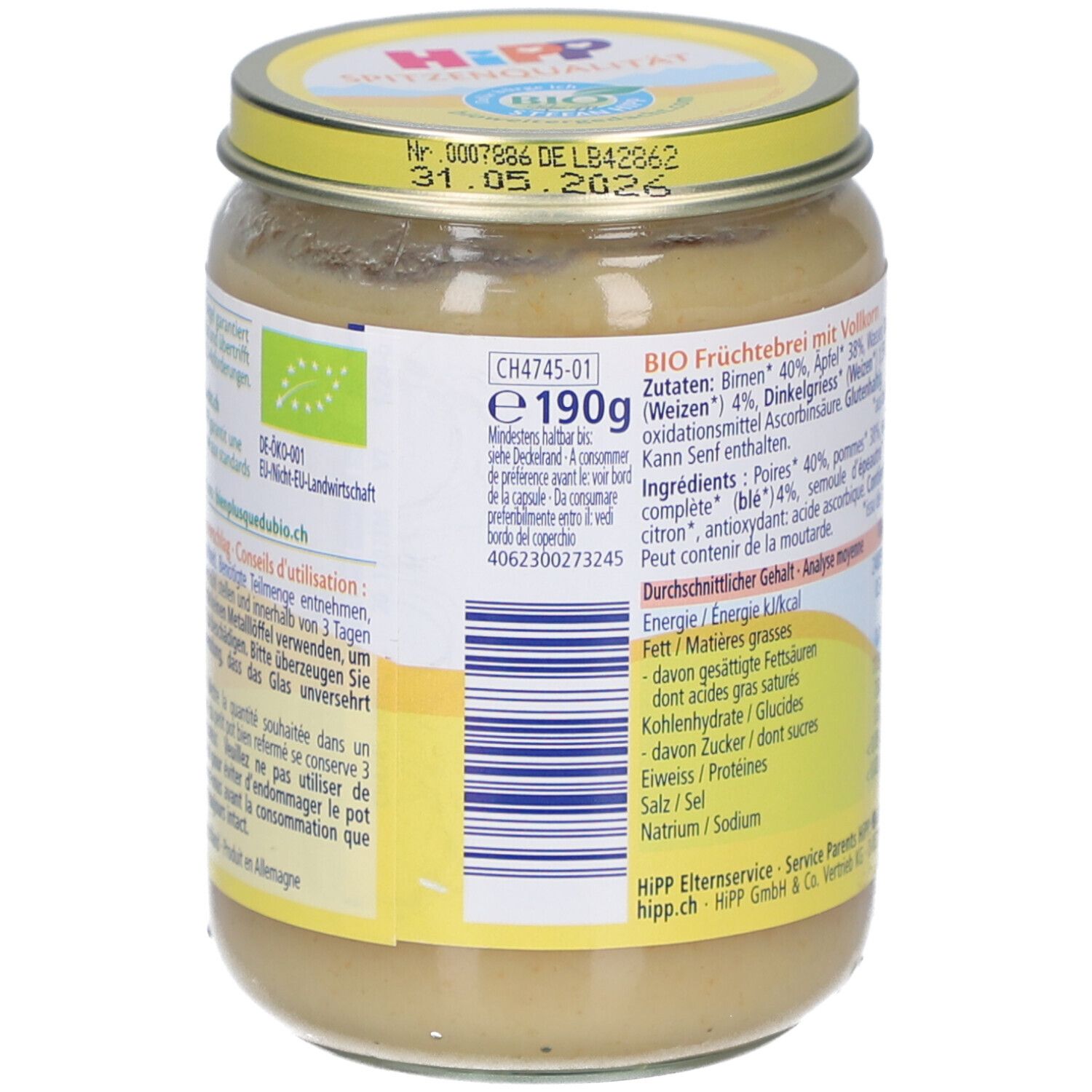 Dos du pot de purée HiPP Bio Poire Pomme avec Épeautre. Liste des ingrédients, valeurs nutritionnelles et label bio.