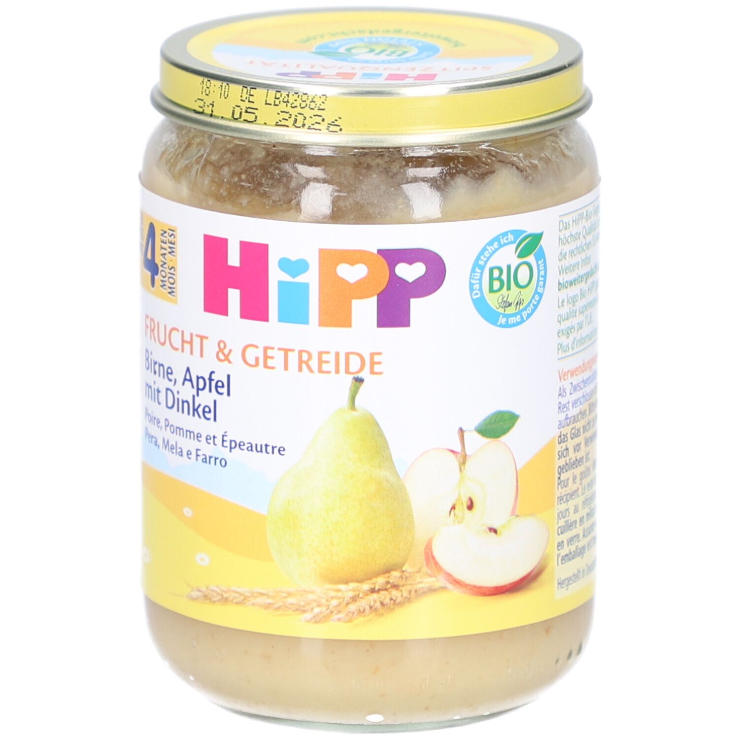 Pot de purée HiPP Bio Poire Pomme avec Épeautre. Étiquette avec poire, pomme et céréales. Label bio.