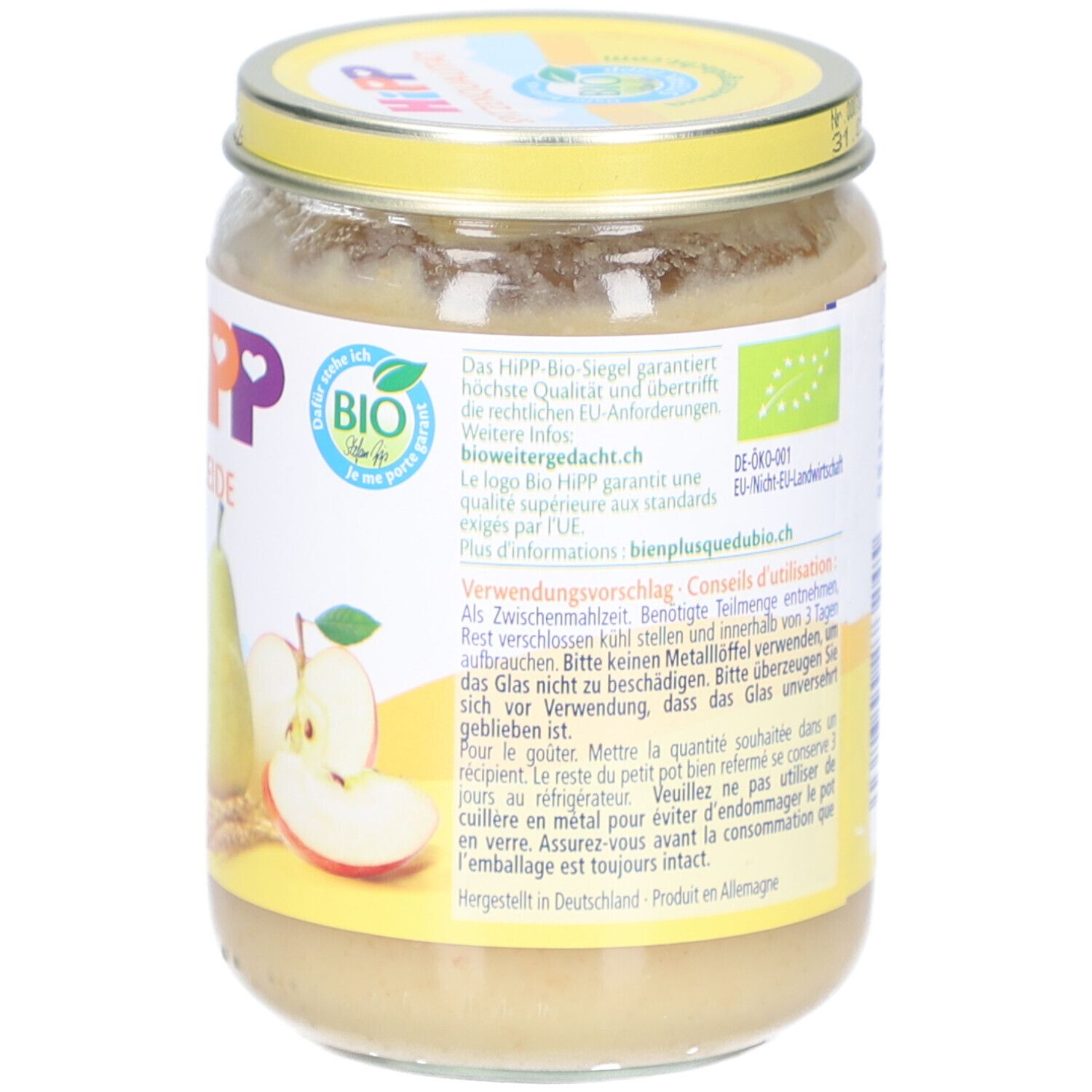 Dos du pot de purée HiPP Bio Poire Pomme avec Épeautre. Informations, label bio et conseils d'utilisation.