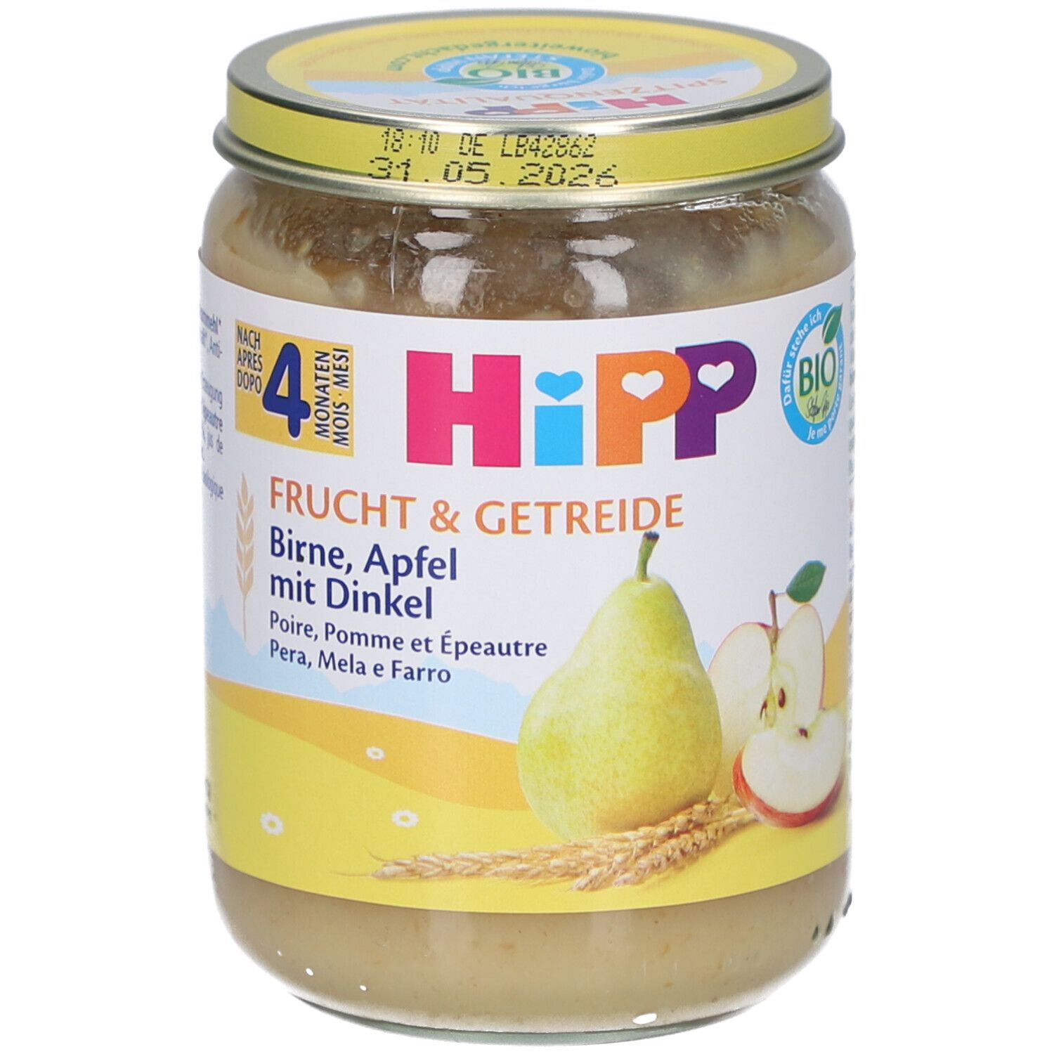 Pot de purée HiPP Bio Poire Pomme avec Épeautre. Étiquette avec poire et pomme. Label bio.