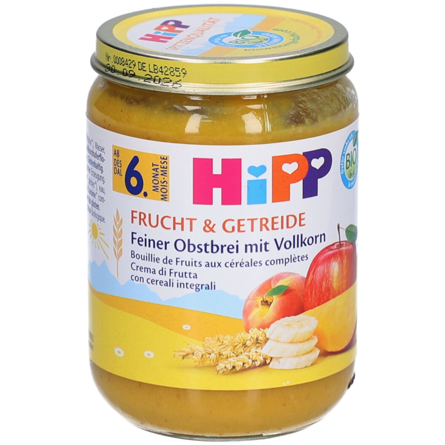 Hipp Fruit & Céréales Bouillie de Fruits aux céréales complètes en pot.