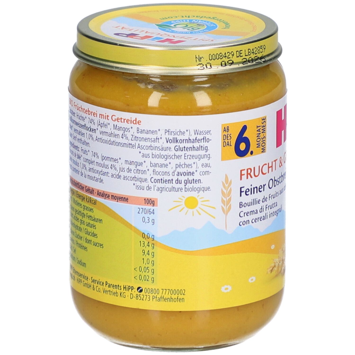HIPP Bouillie de Fruits au Céréales Fines en pot, 100g. Étiquette jaune avec informations nutritionnelles et liste d'ingrédients.