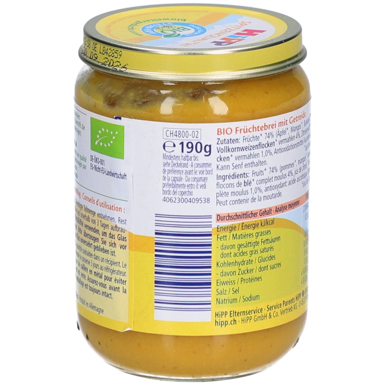 Pot Hipp Bio compote aux céréales, 190g. Contient pomme, mangue et flocons de blé complet.