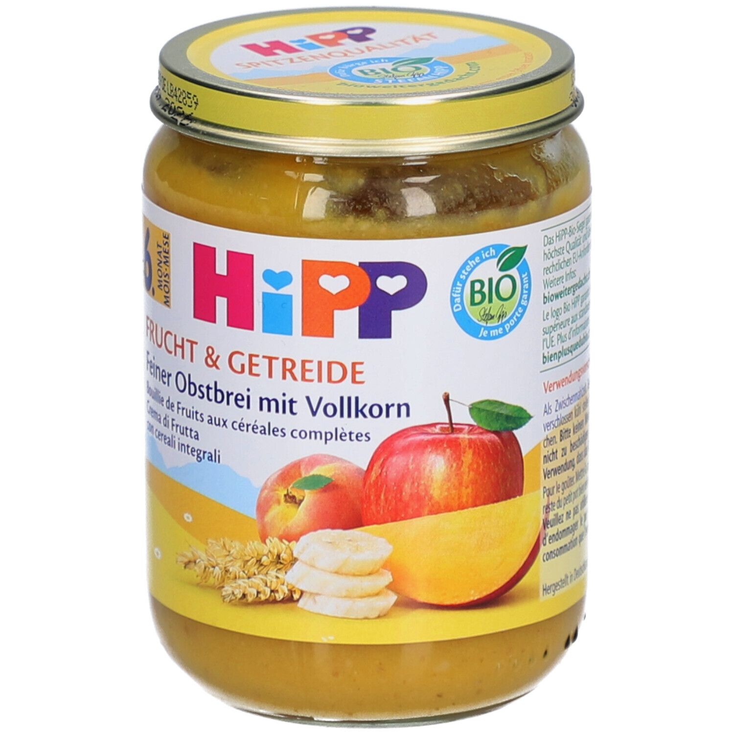 Pot de compote Hipp Fruits & Céréales avec grains entiers. Contient des pommes, bananes et flocons d'avoine.