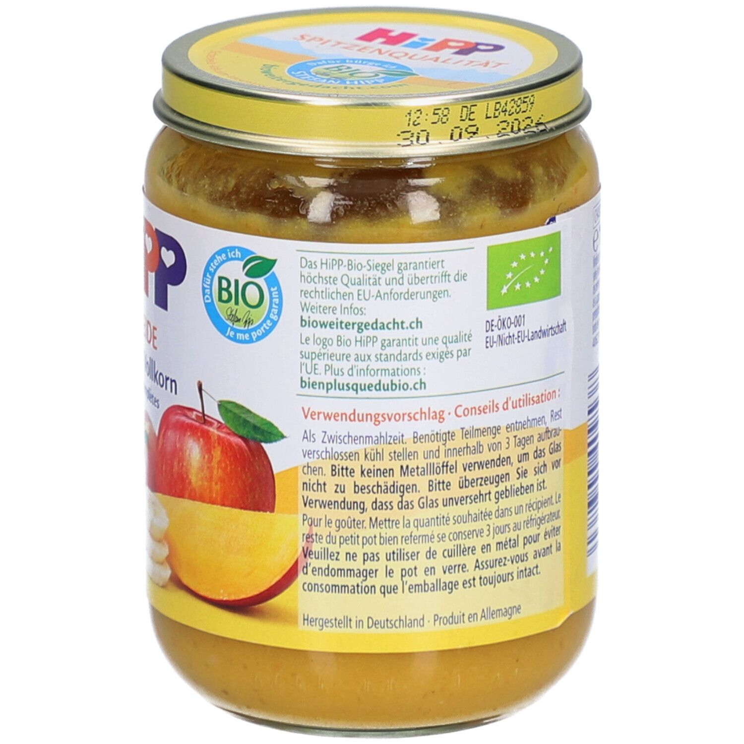 HIPP Bio compote pour bébé Pomme-Poire en pot avec label Bio et illustration pomme-poire.