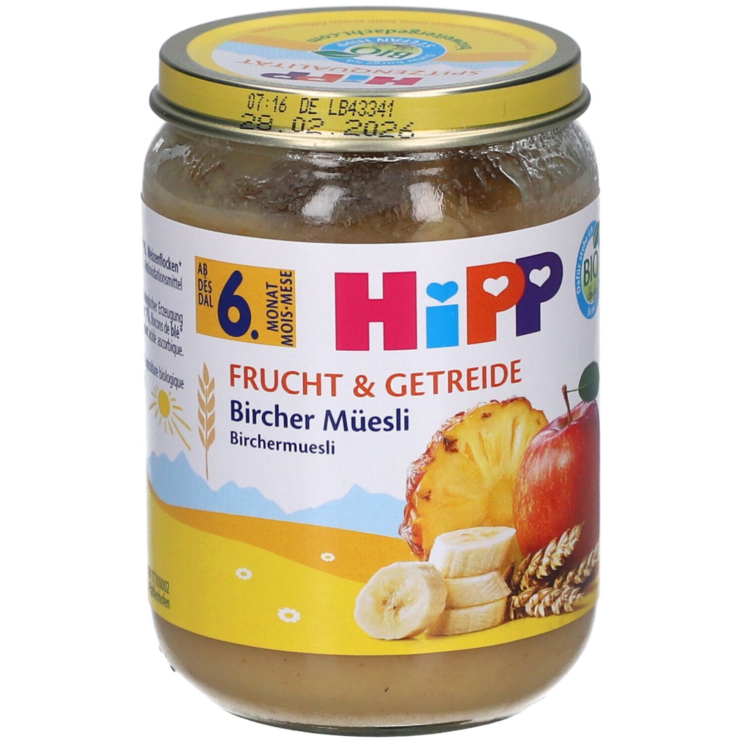 Hipp Fruit & Céréales Bircher Muesli pour bébé en pot. Avec pomme, ananas et banane.