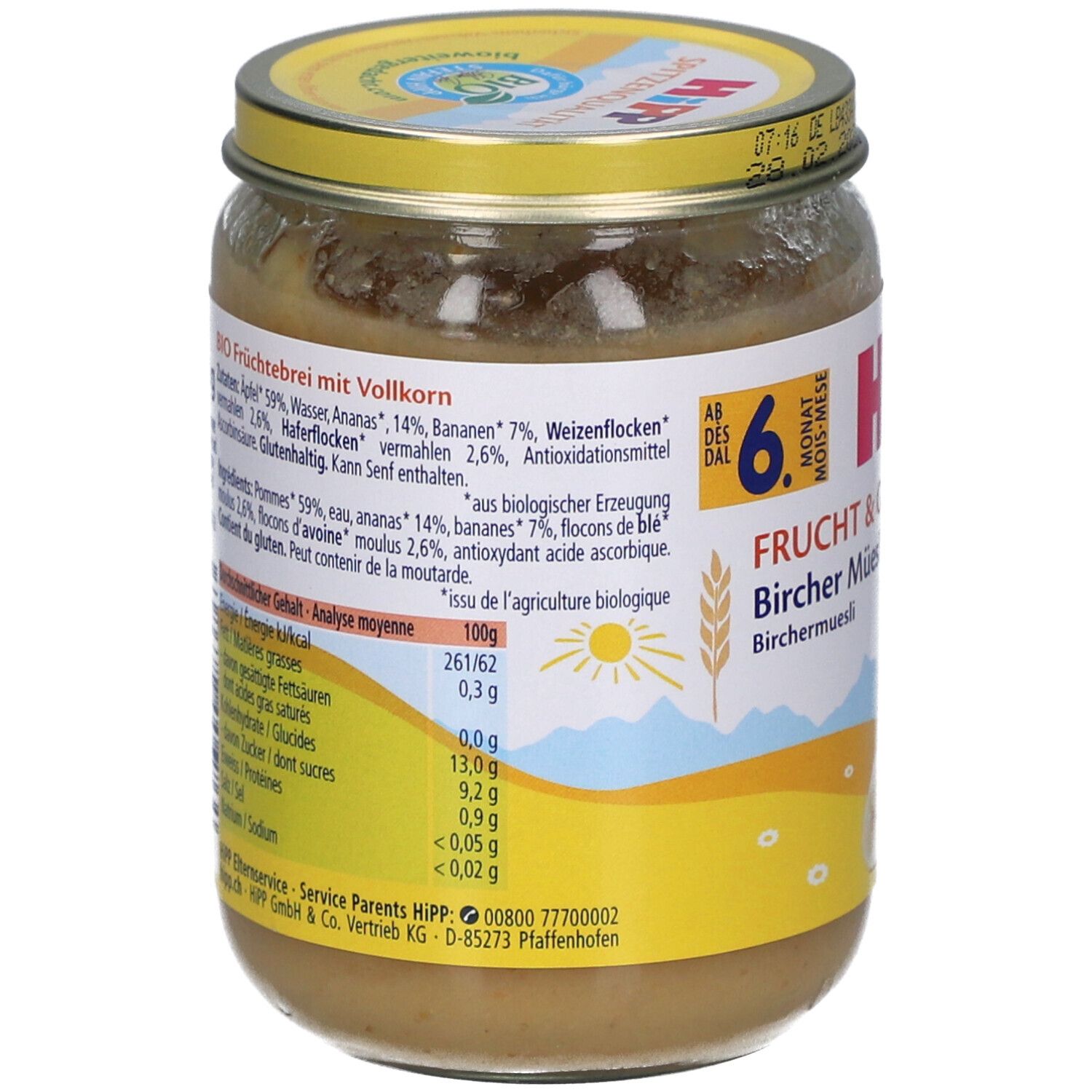 HIPP Fruit & Bircher Muesli purée pour bébé en pot, 100g. Contient céréales complètes, ananas, bananes et flocons de blé.