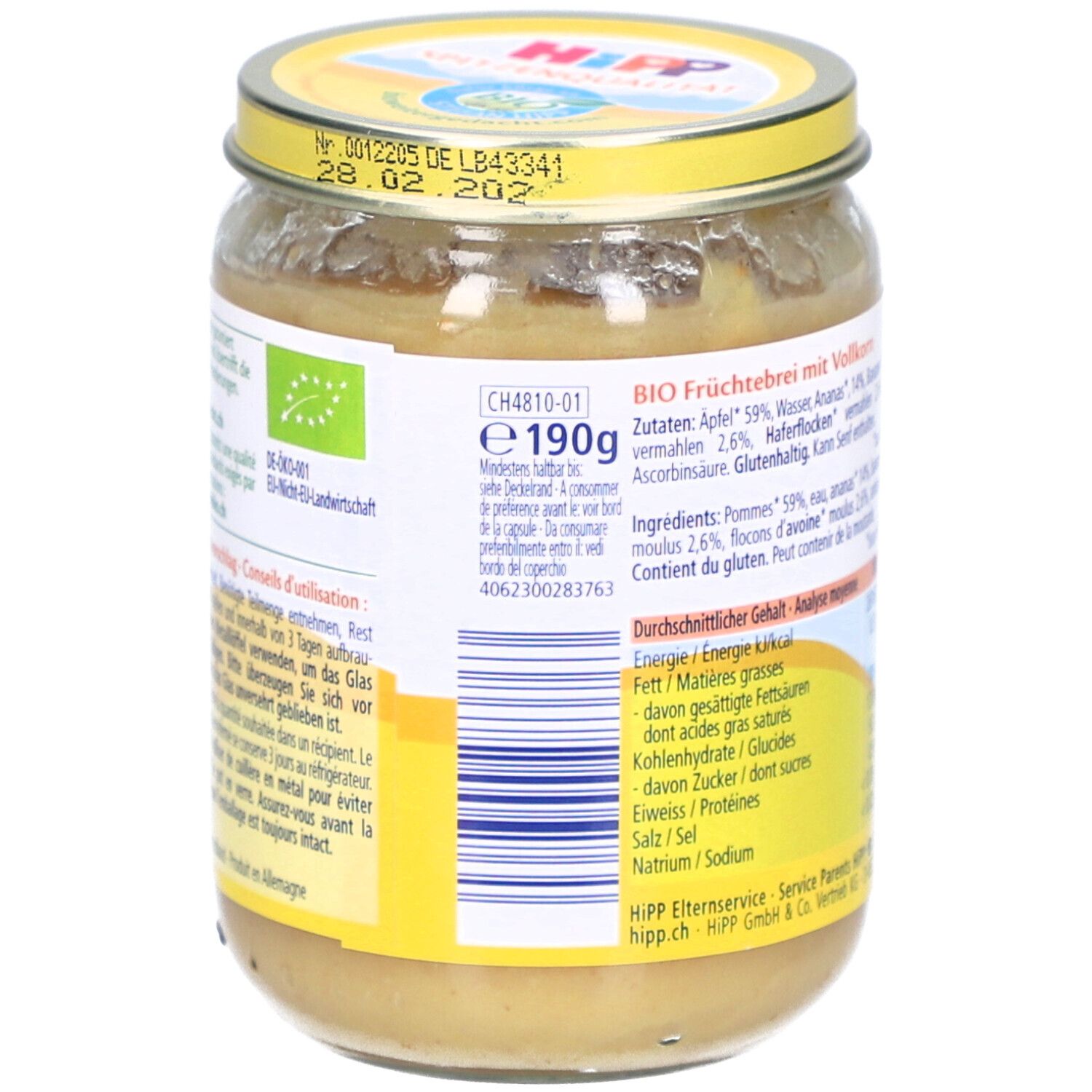 HIPP Compote bio pomme et céréales complètes, pot 190g.